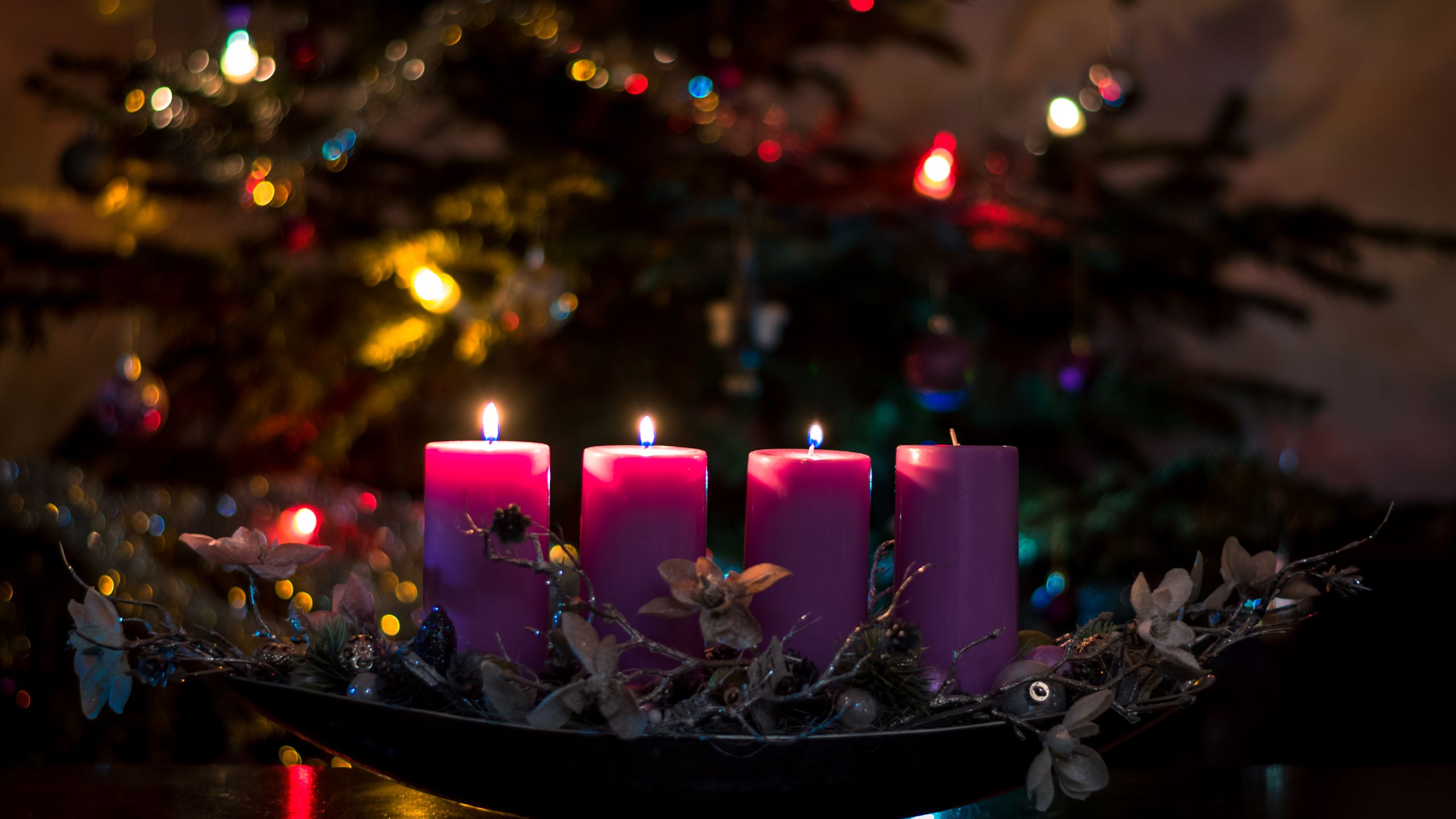 4 Kerzen in einem Adventsgesteck vor einem geschmückten Weihnachtsbaum