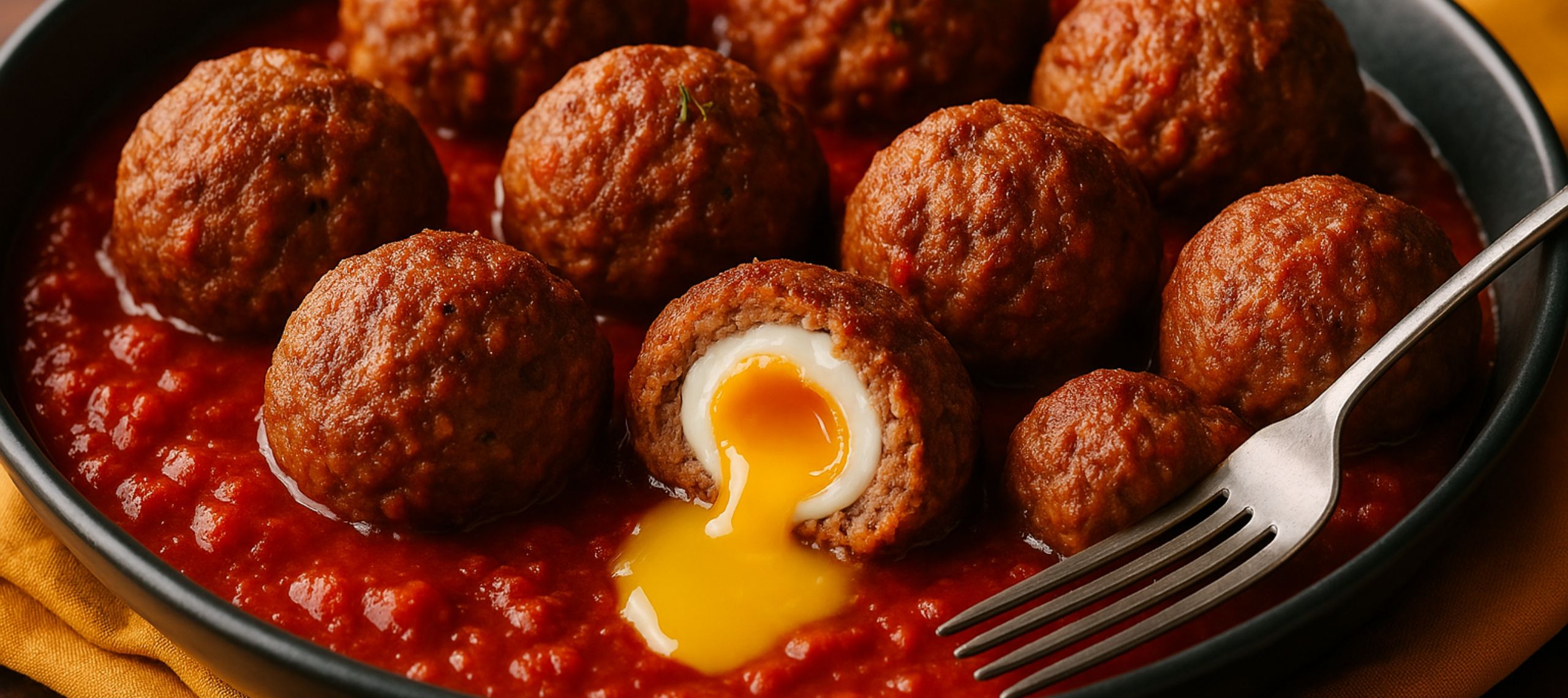 Flüssiges Ei-Gelb läuft aus einer Frikadelle, welche in einer Pfanne mit Tomatensoße neben anderen Frikadellen liegt