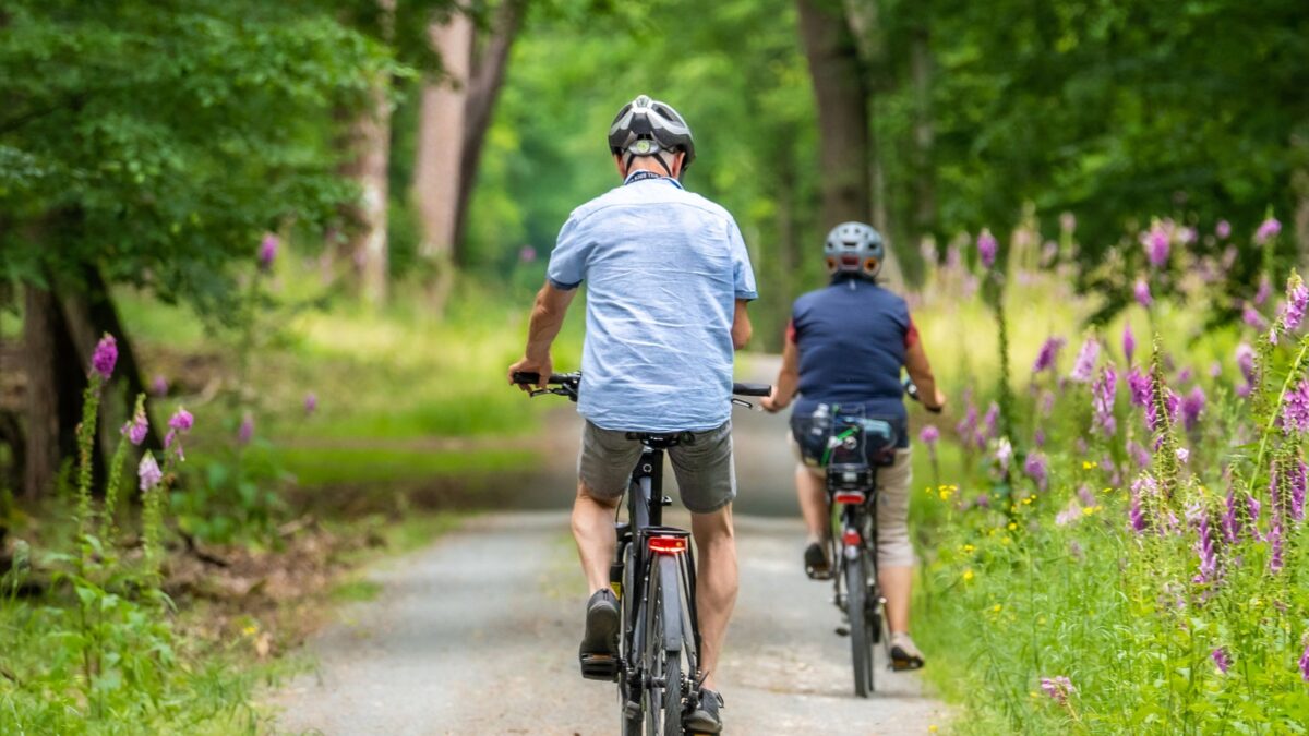 2 Radfahrer auf dem Fahrrad auf einem Weg.