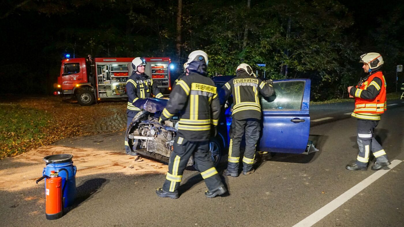 Die Feuerwehr Döbern sichert einen Wildunfall, das Autoist vorne komplett zerbeult