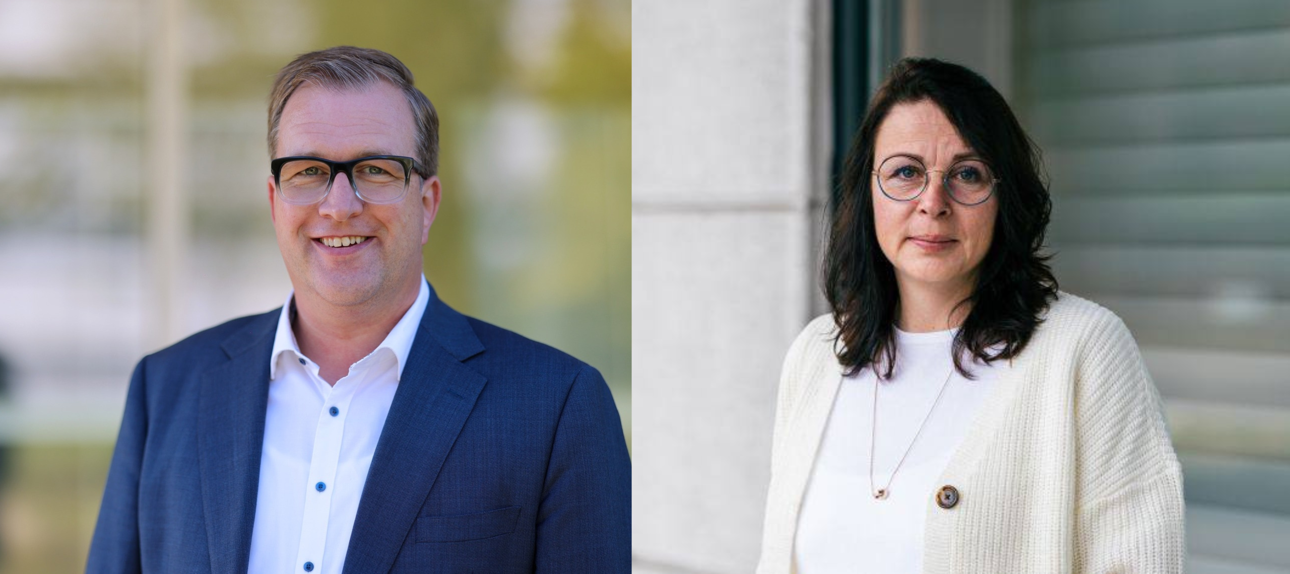 Die zwei Porträtfotos der Kandidaten für die OSL-Wahl zum Landrat Alexander Erbert (CDU) und Antje Ruhland-Führer (AfD) nebeneinander