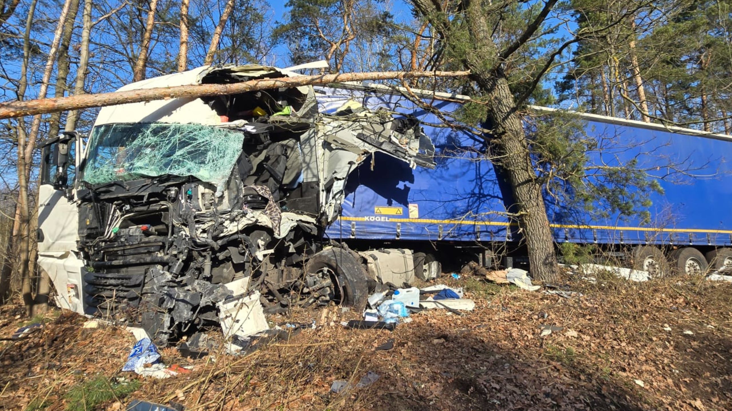 BAB 13: LKW Crash: Fahrer schwer verletzt - mit Holz beladener LKW kommt von Autobahn ab und kracht in Wald ©Dennis Hillner / Blaulichtreport Lausitz