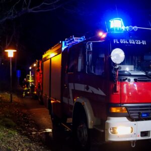 Brand in Stadtpark in Senftenberg - Feuerwehrauto steht in einer Straße