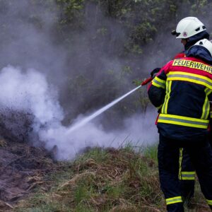 Starkstromleitung reißt und entzündet Waldboden trotz Starkregen in Drebkau, Illmersdorf