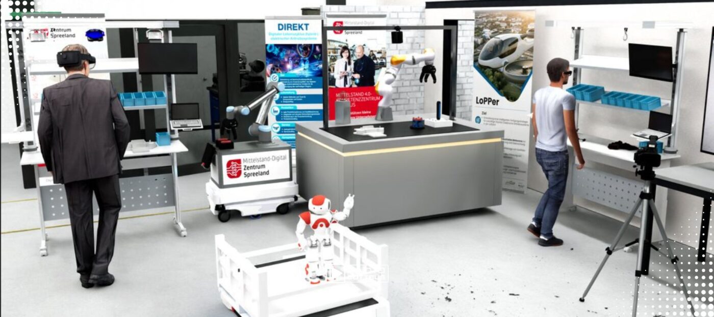 Die virtuelle Nachbildung der Hallenfabrik am Fachgebiet KI-gestützte Automatisierungstechnik von Prof. Berger. In der realen Hallenfabrik in Cottbus soll das Konzept als Nächstes erprobt werden.